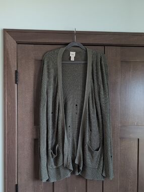 Daytrip Olive Green Open Front Ribbed Distressed Cardigan